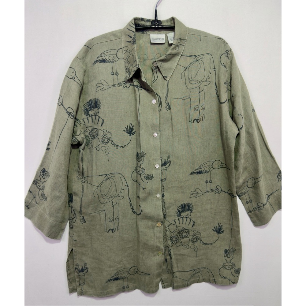 Chico's Size 1 Linen Shirt Safari Animal Elephant Giraffe Bird Tunic Green